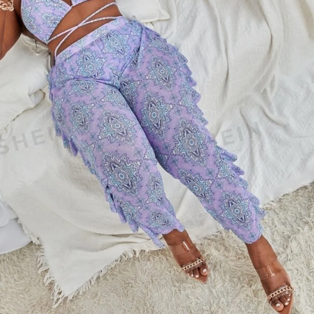 Shein Ruffle Swim in lilac and pink blue paisley print pants size 3XL tag size